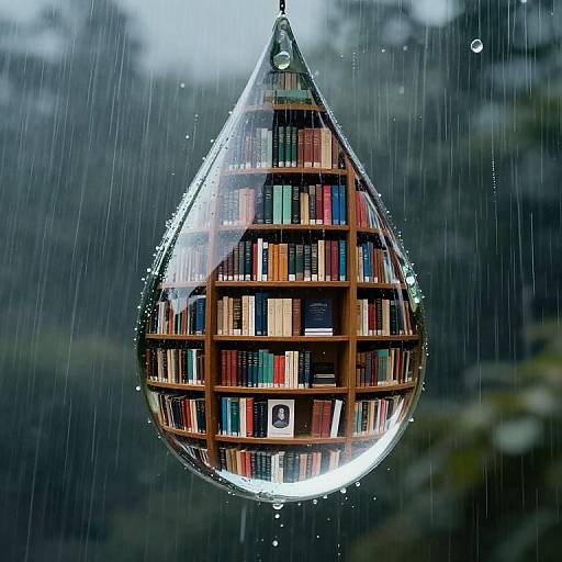 Photograph of a raindrop-shaped glass bookshelf suspended outdoors, filled with colorful books, illuminated from within, with raindrops on the glass and a