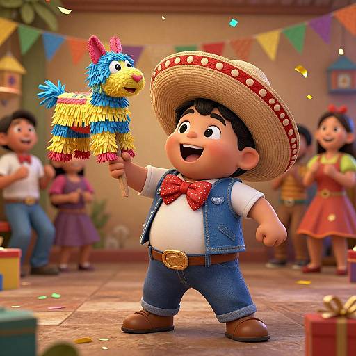 Digital CGI image of a joyful Mexican boy in a straw sombrero, denim vest, and blue jeans, holding a colorful yarn llama toy, surrounded by