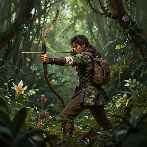 Photorealistic digital art: Dark-haired archer with green cloak and brown backpack, drawing bow in lush, sunlit jungle filled with exotic flowers and