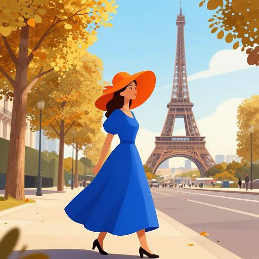 Woman in Blue Dress Walking Paris