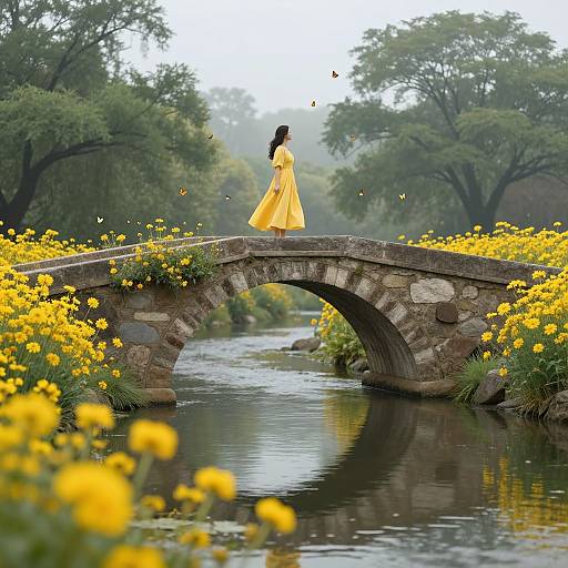 Woman in Yellow Dress on Stone Bridge with Butterflies