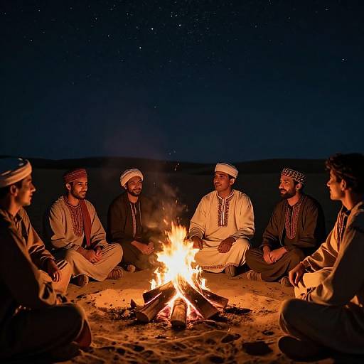 Photograph of six men in traditional Middle Eastern attire, sitting around a glowing campfire at night, under a starry sky.