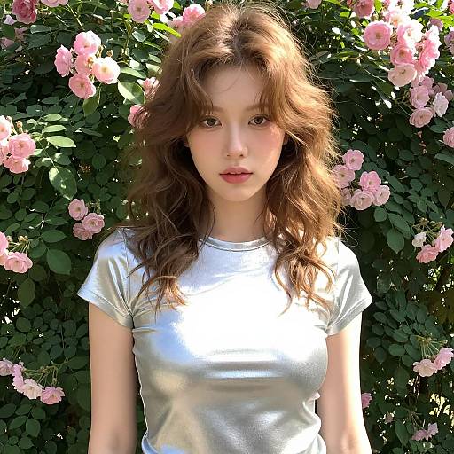 Young Asian woman with wavy brown hair, wearing a shiny silver t-shirt, stands in front of a blooming pink rose bush. Photograph.
