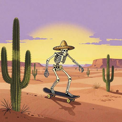 Skeleton Skateboarding in Cactus Desert