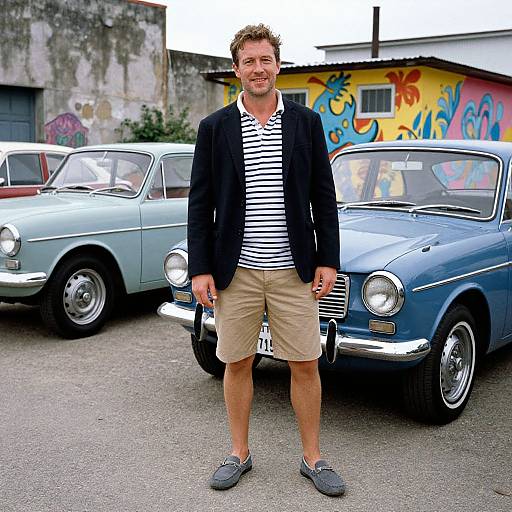 Photograph of a smiling man in a black blazer, striped shirt, beige shorts, and gray loafers, standing between two vintage cars, one