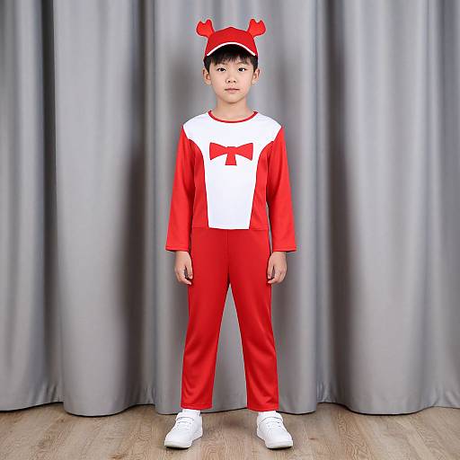 Photograph of an Asian child in a red and white costume with antler headband, red bow, white shoes, standing against gray curtains.