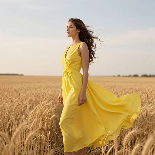 Photograph of a young woman with long dark hair in a flowing yellow dress, standing in a golden wheat field under a clear blue sky.