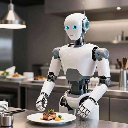 Photograph of a white, humanoid robot with blue eyes, serving a gourmet dish with a garnish on a white plate in a modern, dark kitchen