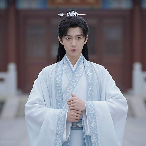Photograph of an East Asian man with long black hair, wearing a white, intricately embroidered traditional Korean hanbok, standing in front of a