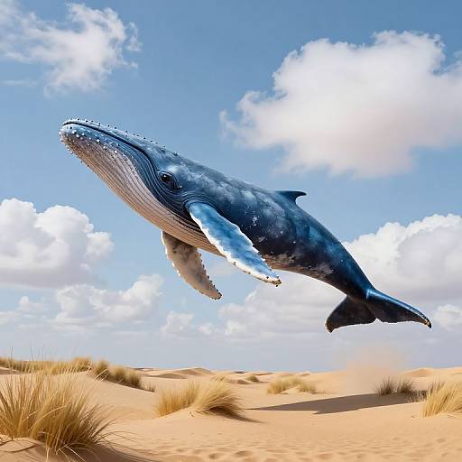 Photorealistic digital artwork of a leaping blue whale with water droplets, set against a bright blue sky with fluffy clouds, and golden sand d