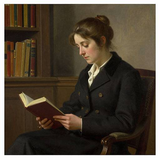 Victorian-era painting of a young woman with brown hair in a bun, reading a book in a dark, wooden-paneled room.
