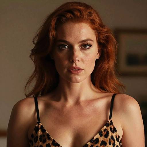 Photograph of a red-haired woman with fair skin, wearing a leopard-print tank top, looking intently at the camera in a dimly lit room