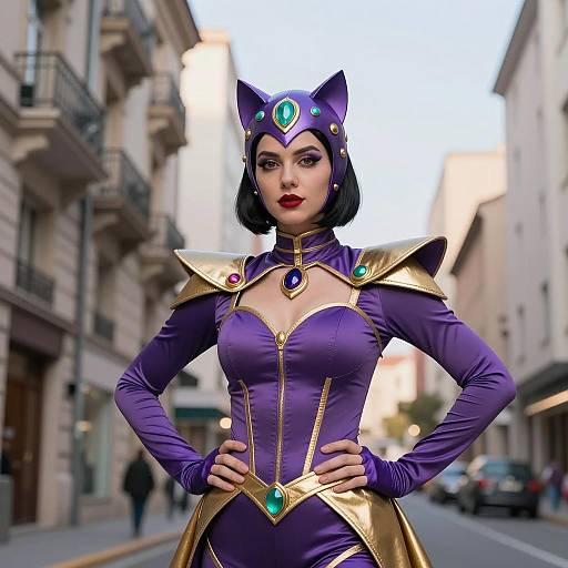Woman in Purple and Gold Fantasy Catwoman Costume