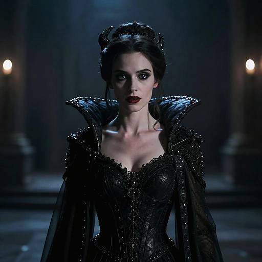 Gothic-style photograph of a pale woman with dark makeup, wearing a black, sparkling, high-collared gown and intricate hairdo, illuminated