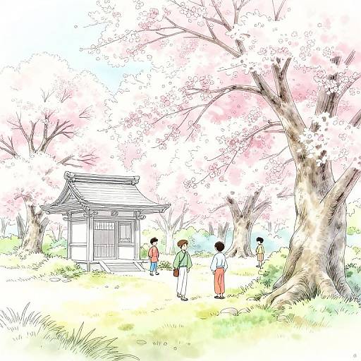 Colorful digital illustration of a traditional Japanese shrine surrounded by blooming cherry trees, with five people in traditional attire walking on a grassy path.