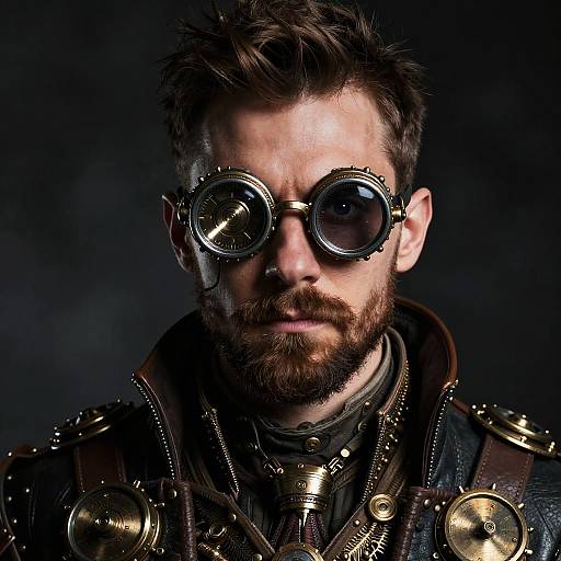 Photograph of a bearded man with dark brown hair, wearing steampunk goggles and metallic armor, against a dark, smoky background.