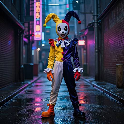 Photograph of a clown in a neon-lit, rain-soaked alley, wearing a jester mask, yellow and blue outfit, white ruffles
