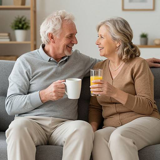 Photograph of smiling elderly couple, him in gray sweater, beige pants, her in brown cardigan, white pants, sitting on gray couch, holding