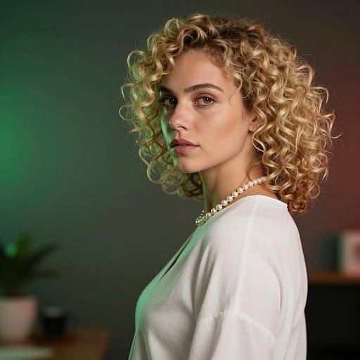 Blonde Woman with Curly Hair and Pearl Necklace