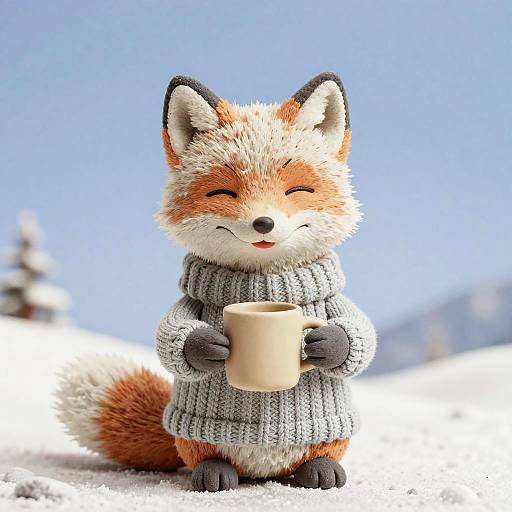 Cute, digital illustration of a fluffy, red-orange fox in a gray, knitted sweater holding a beige mug, standing in a snowy landscape with