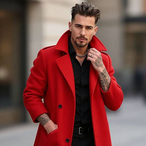 Photograph of a handsome, tattooed man with dark hair and beard, wearing a black shirt and vibrant red coat, standing confidently outdoors.