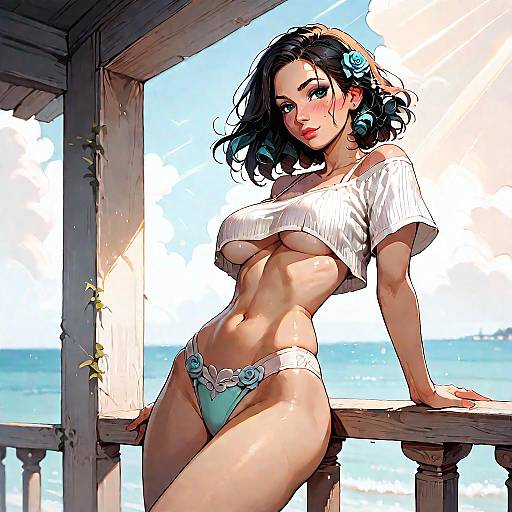 Woman in Crop Top and Bikini on Beach Balcony