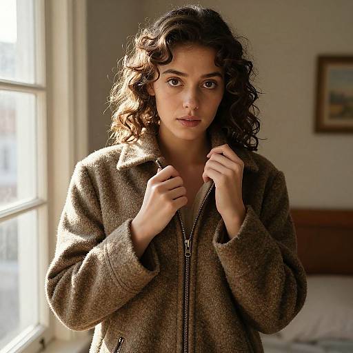 Young Woman in Vintage Coat by Window