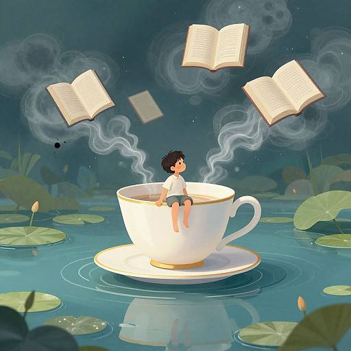 Digital illustration: A child with black hair, wearing a white shirt and black shorts, sits in a glowing white teacup on a saucer,