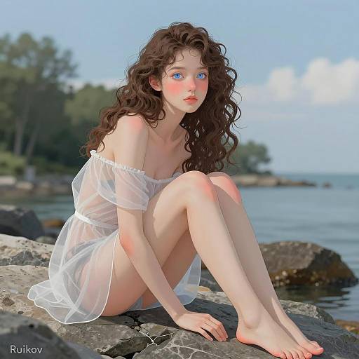 Digital Illustration of Woman by Rocky Shore