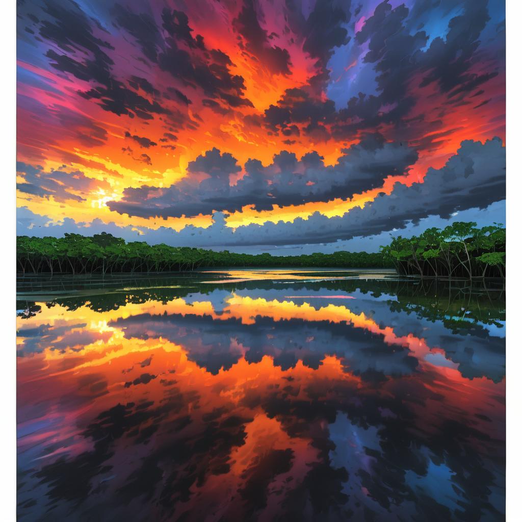 Vibrant Sunset Over Mangrove Estuary