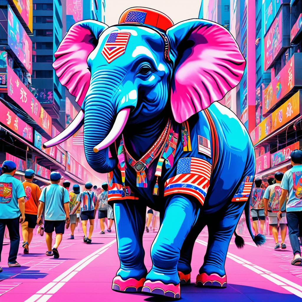 Pop Art Elephant Festival in Cyberpunk Japan