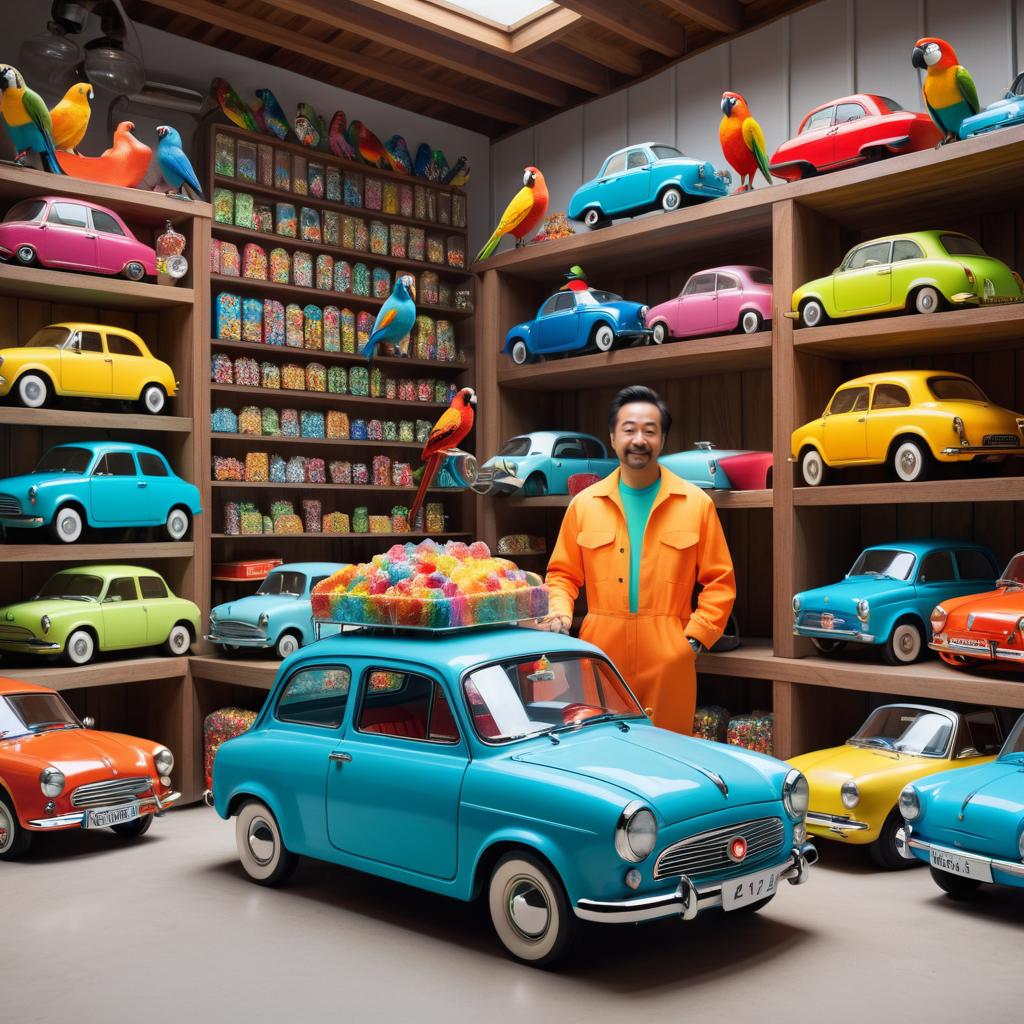 Whimsical Car Collector in Candy Garage