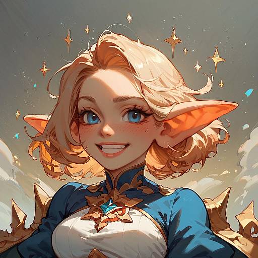 Digital anime-style portrait of a smiling, blonde elf girl with large orange ears, blue eyes, and a blue and white outfit, surrounded by sparkling stars