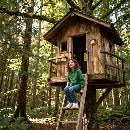 Sunlit Cozy Treehouse with Girl