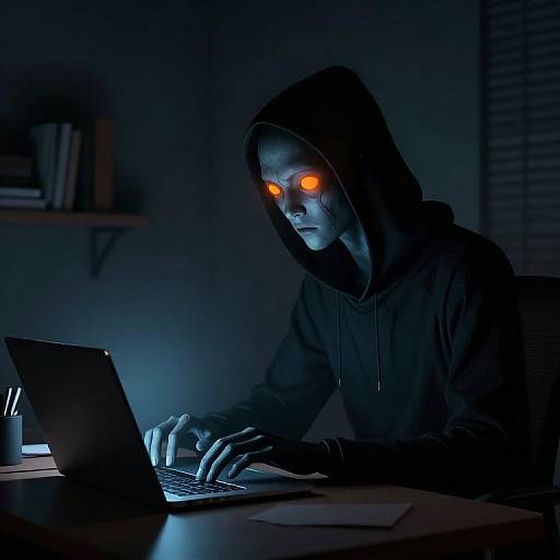 Photograph of a person in a black hoodie with glowing orange eyes, typing on a laptop in a dark, blue-lit room.