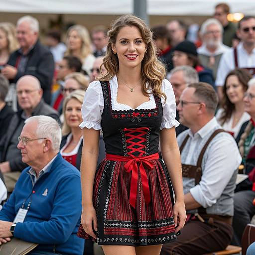 Photograph of a smiling young woman with wavy brown hair, wearing a traditional German dirndl dress with red ribbon, standing in front of a seated