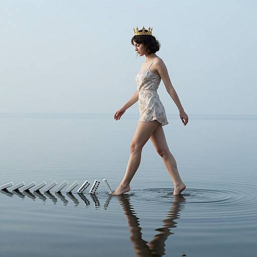 Photograph of a woman with a crown, wearing a white lace dress, walking in shallow water, creating ripples, with metallic arrows on the water