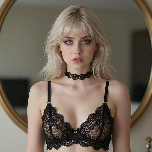 Young Woman in Black Lace Bra and Choker