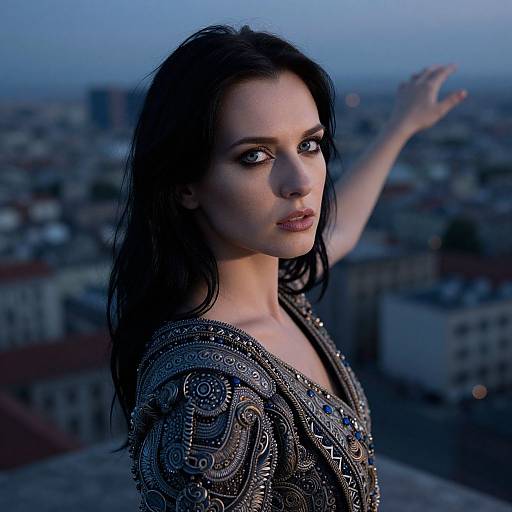 Photograph of a pale-skinned woman with dark hair, wearing an ornate, patterned top, gazing intently at the camera against a