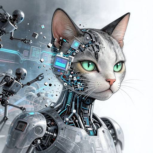 Digital art of a white and gray cat with glowing green eyes, partially merged with futuristic robotic components, surrounded by floating circuit boards and wires.