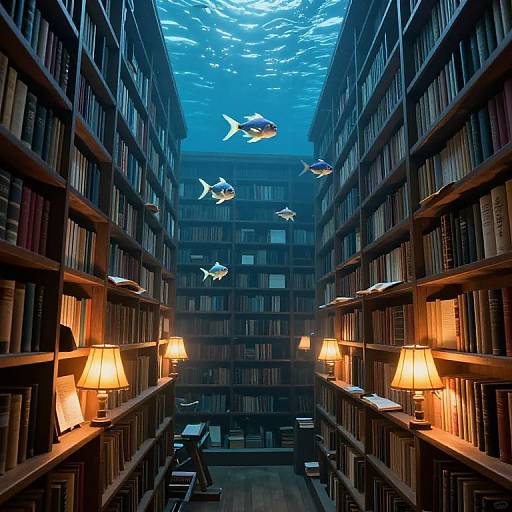 Submerged Library with Luminous Wildlife