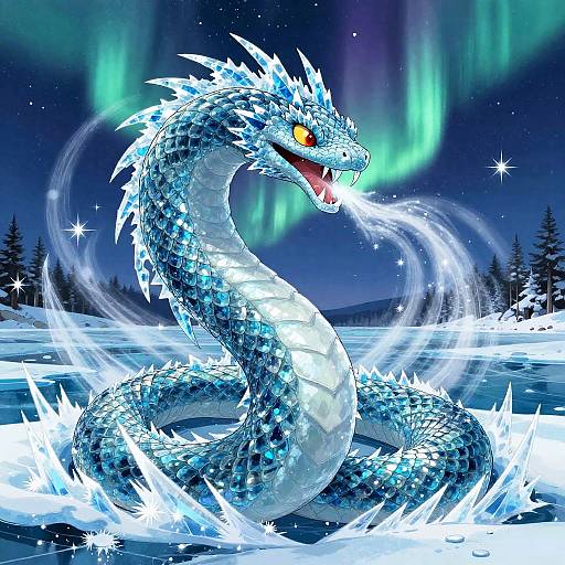 Digital artwork of a blue, ice-scaled dragon with glowing yellow eyes, roaring with icy breath, surrounded by auroras and snow-covered landscape.