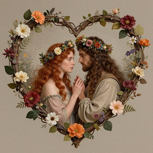 Digital artwork of a red-haired woman and bearded man, wearing flower crowns, gazing at each other, framed by a heart-shaped floral wre
