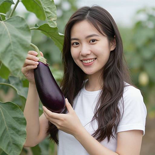 Woman Holding Eggplant Plant