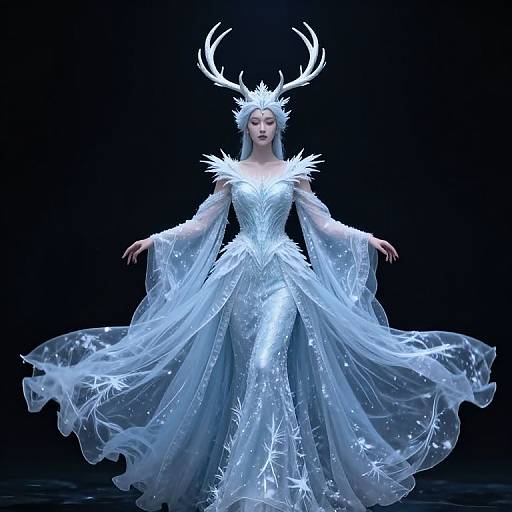 Photograph of a pale-skinned woman in an ethereal, white, star-patterned gown with antler headpiece, standing against a black background