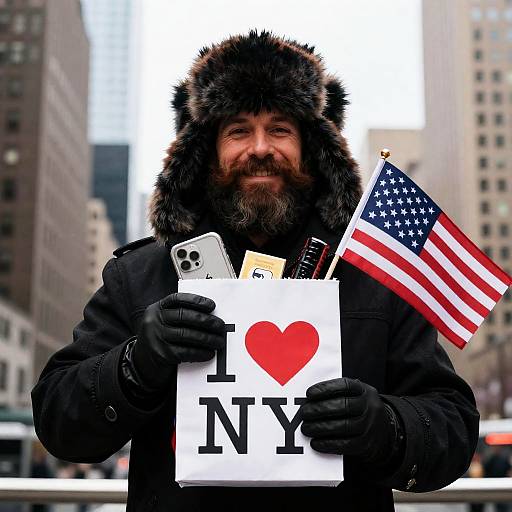 Bearded Man with Heart Bag and Flag