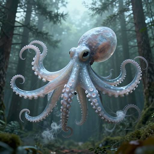Photorealistic CGI of a translucent, silver-blue octopus with curled tentacles floating in a misty, dense forest. Light filters through trees,