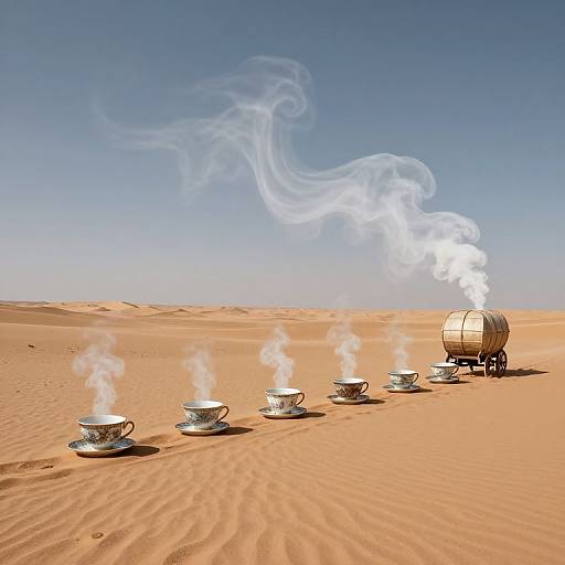 Photograph: Desert with six steaming teacups in a line, leading to a steam-emitting, wooden teapot cart under clear blue sky