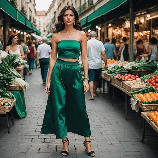Elegant woman in emerald green outfit at European street market