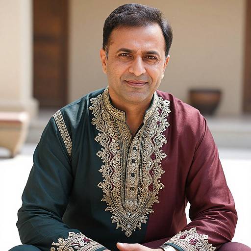 Photograph of a middle-aged man with short black hair, wearing an elaborately embroidered black and maroon traditional Pakistani shalwar kameez,